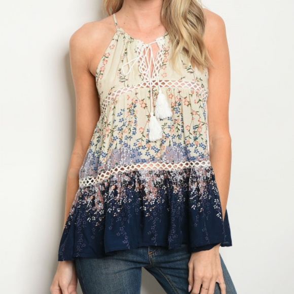 Tops - Cream & Navy Floral Top